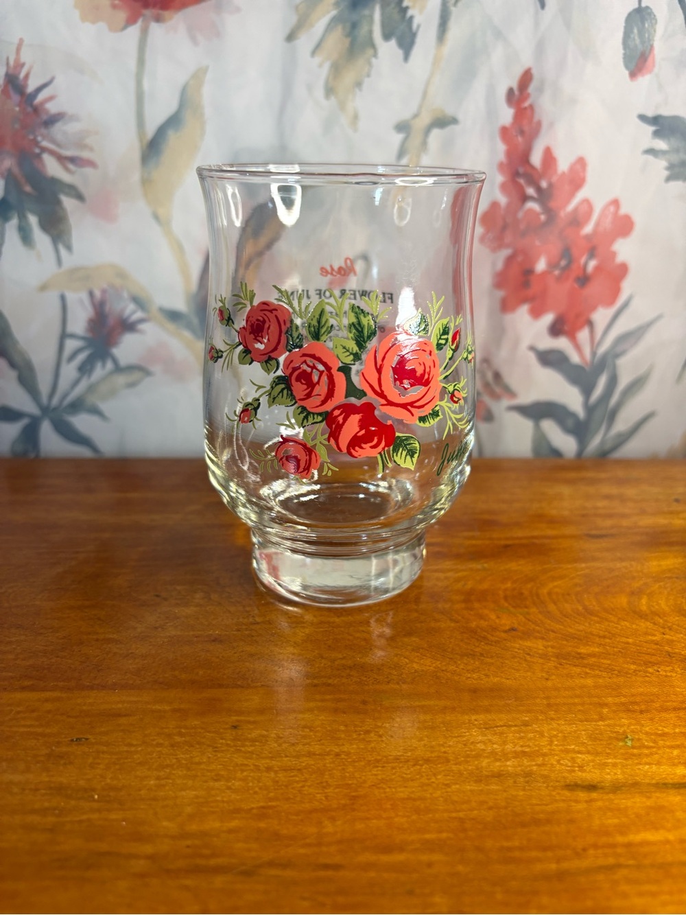 Vintage Floral Rose Glass Vase - Clear with Red Rose Print